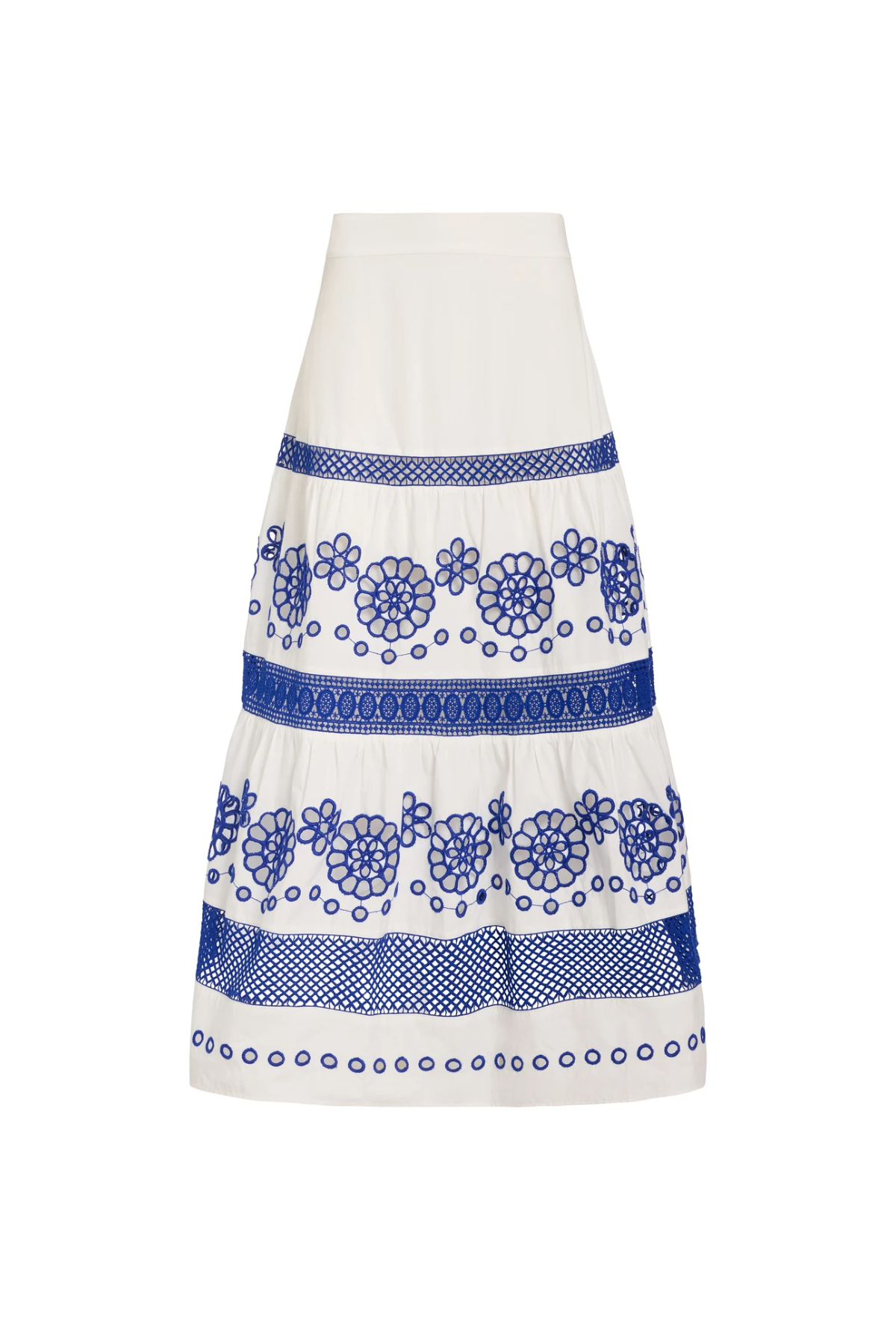 A white tiered skirt with blue floral and geometric embroidered patterns, shown against a plain white background.