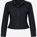 A dark navy blue denim jacket with a button-up front, collar, chest pockets, and a peplum-style ruffle hem, shown on a plain light gray background.