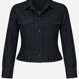 A dark navy blue denim jacket with a button-up front, collar, chest pockets, and a peplum-style ruffle hem, shown on a plain light gray background.