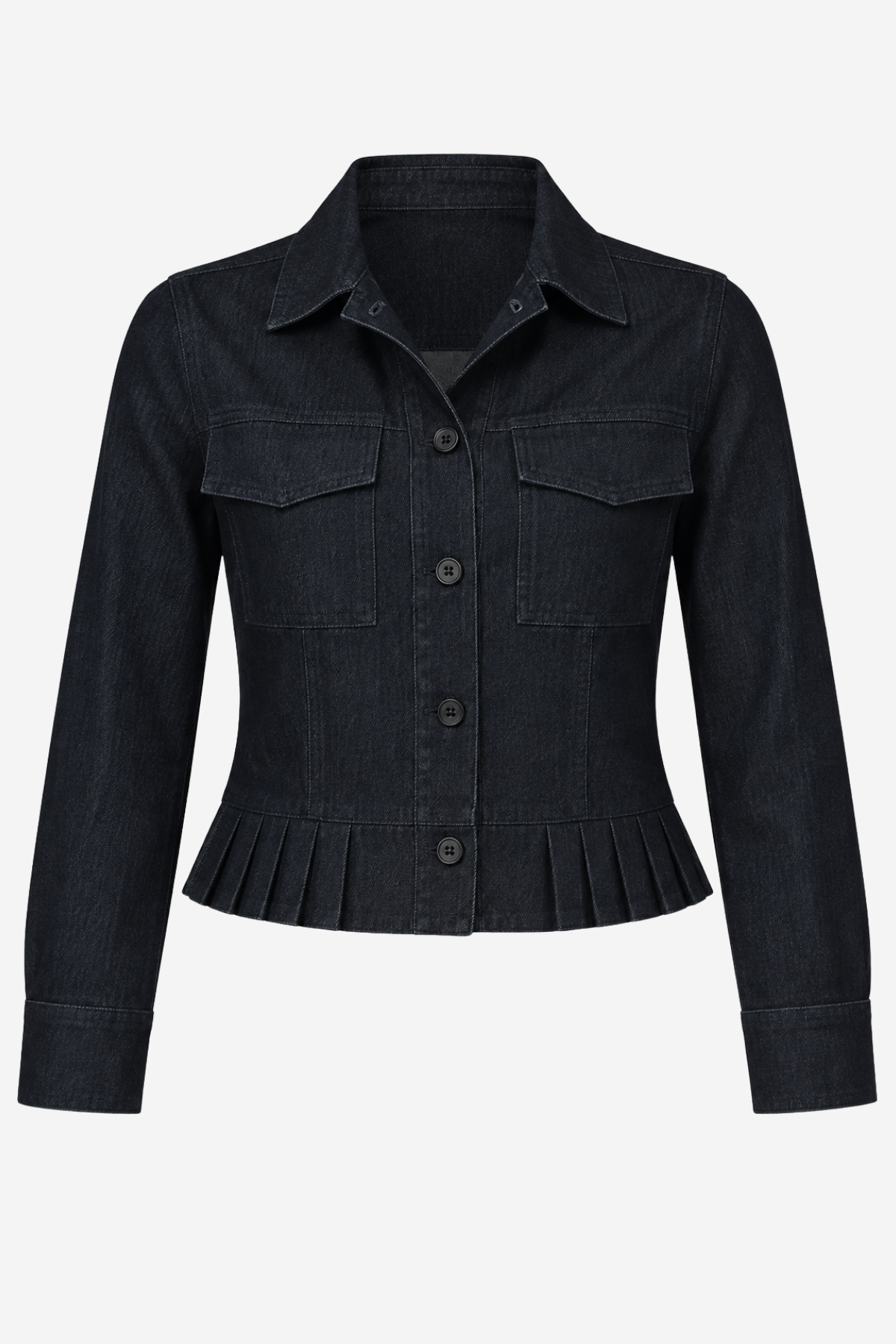 A dark navy blue denim jacket with a button-up front, collar, chest pockets, and a peplum-style ruffle hem, shown on a plain light gray background.