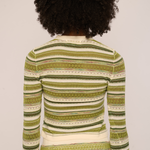 A person viewed from the back wearing a long-sleeve knit top with horizontal stripes in olive green, sage green, and cream on a light gray background.