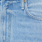 Close-up of blue denim jeans with a button and zipper detail.