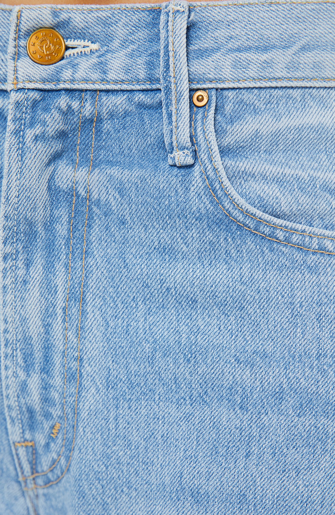 Close-up of blue denim jeans with a button and zipper detail.
