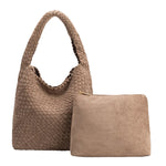 Brown woven handbag and matching pouch on a white background
