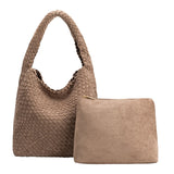Brown woven handbag and matching pouch on a white background