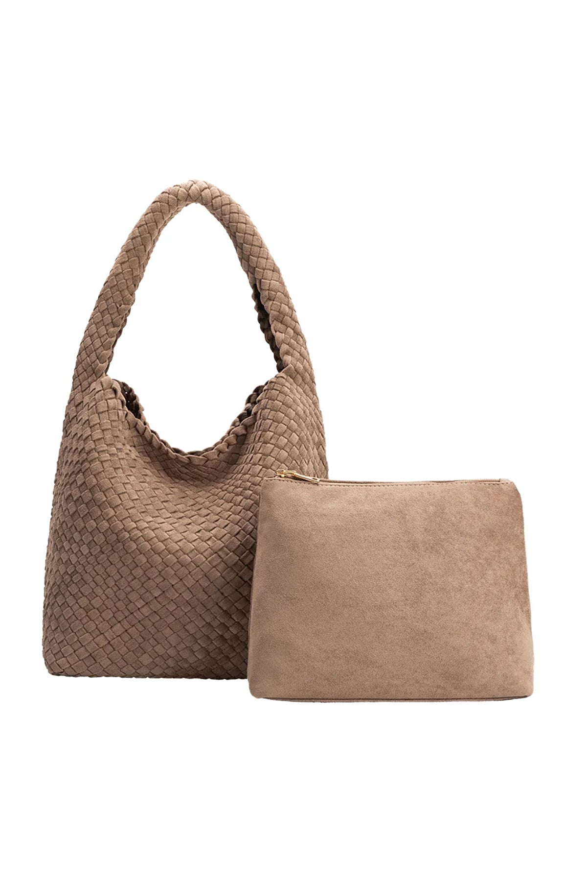 Brown woven handbag and matching pouch on a white background