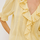 Yellow blouse with ruffled details on a white background