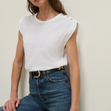 Model wearing a white crewneck short-sleeve T-shirt with a classic fit.