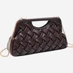 A dark brown woven leather clutch handbag with a gold-tone chain strap, displayed on a clean white background.