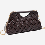 A dark brown woven leather clutch handbag with a gold-tone chain strap, displayed on a clean white background.