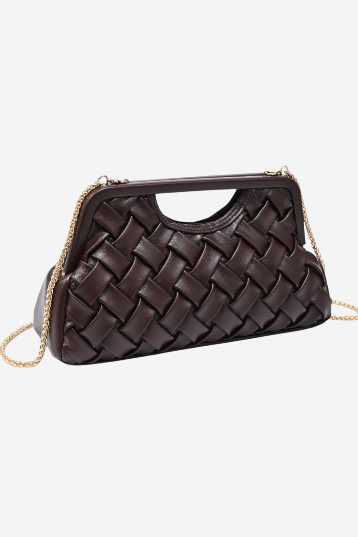 A dark brown woven leather clutch handbag with a gold-tone chain strap, displayed on a clean white background.