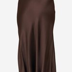 A dark brown satin midi skirt shown from the back on a model, featuring a smooth, flowing drape and a subtle sheen.