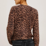 A woman shown from the back wearing a fuzzy leopard-print sweater and dark jeans against a plain light background.
