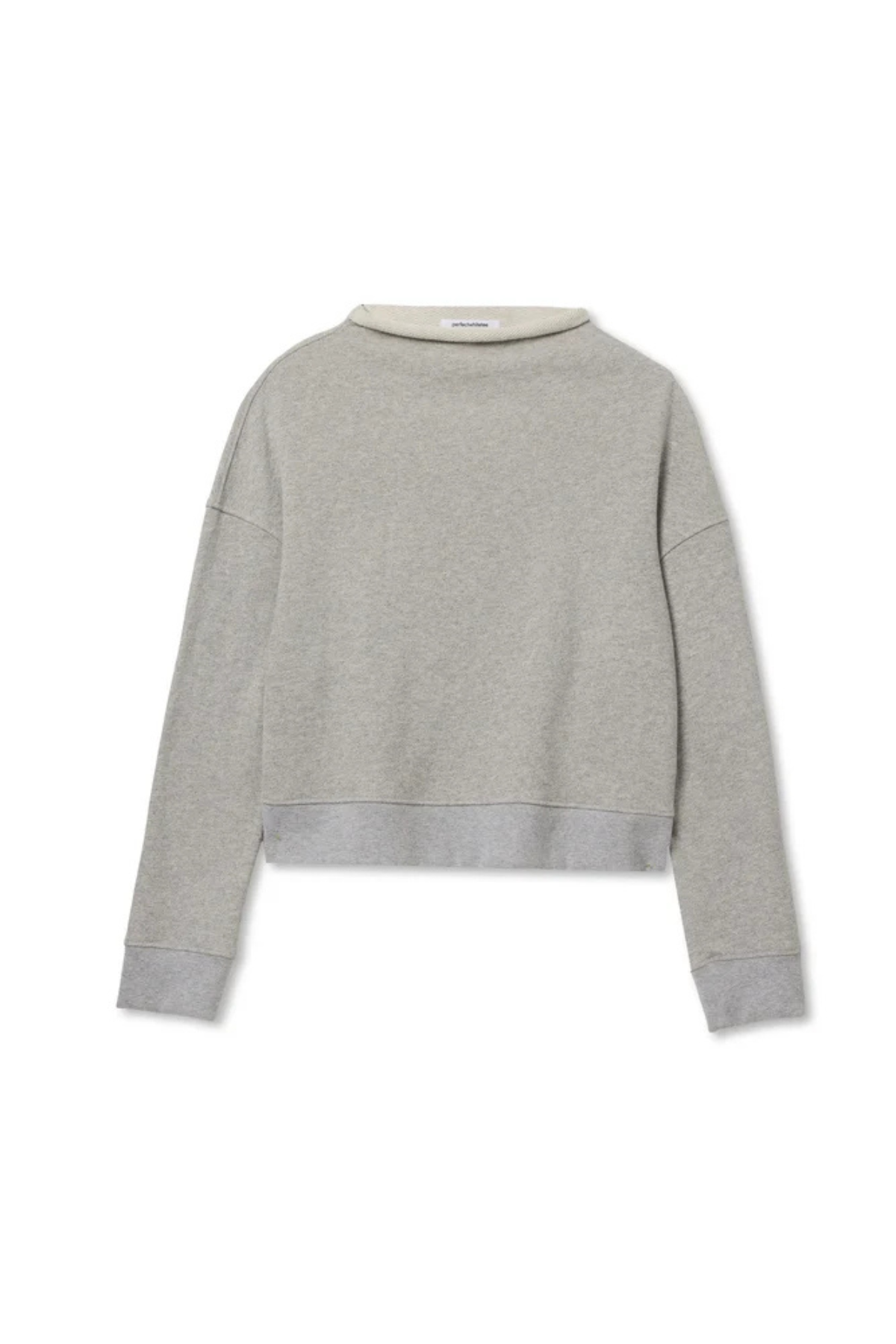 A light gray heathered cropped crewneck sweatshirt with ribbed hem and cuffs, shown from the back on a white background.