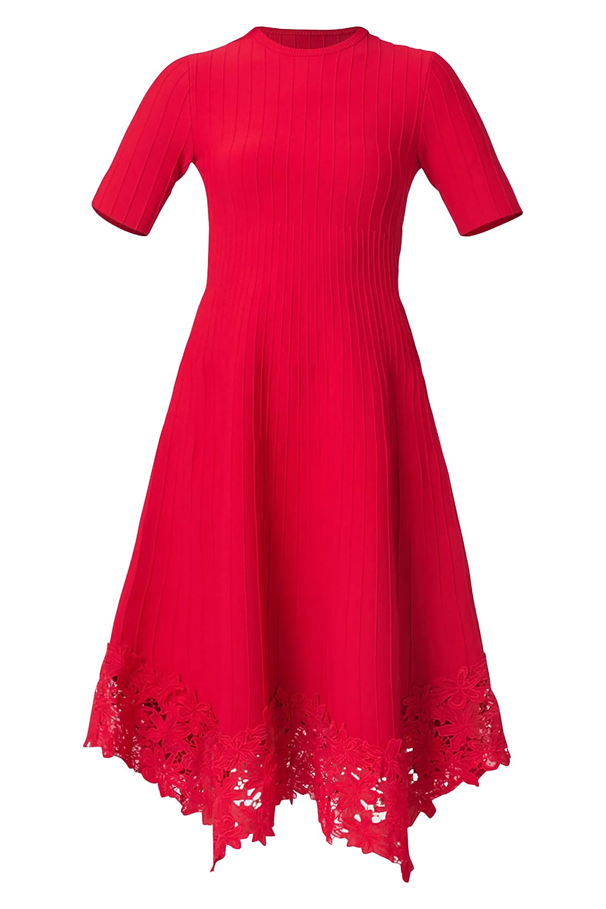 Elegant red dress with a fluid silhouette, styled for an evening setting.