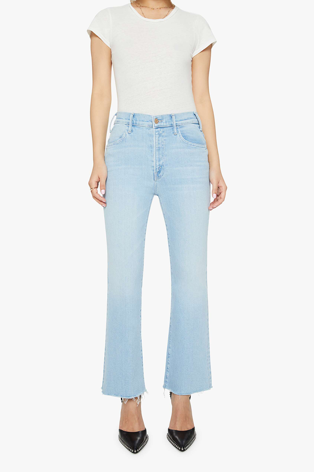 Person wearing light blue jeans and a white top on a white background