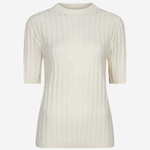 An off-white ribbed knit short-sleeve top with a crew neck, displayed on a clean white background.
