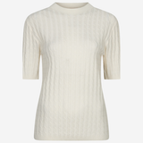 An off-white ribbed knit short-sleeve top with a crew neck, displayed on a clean white background.