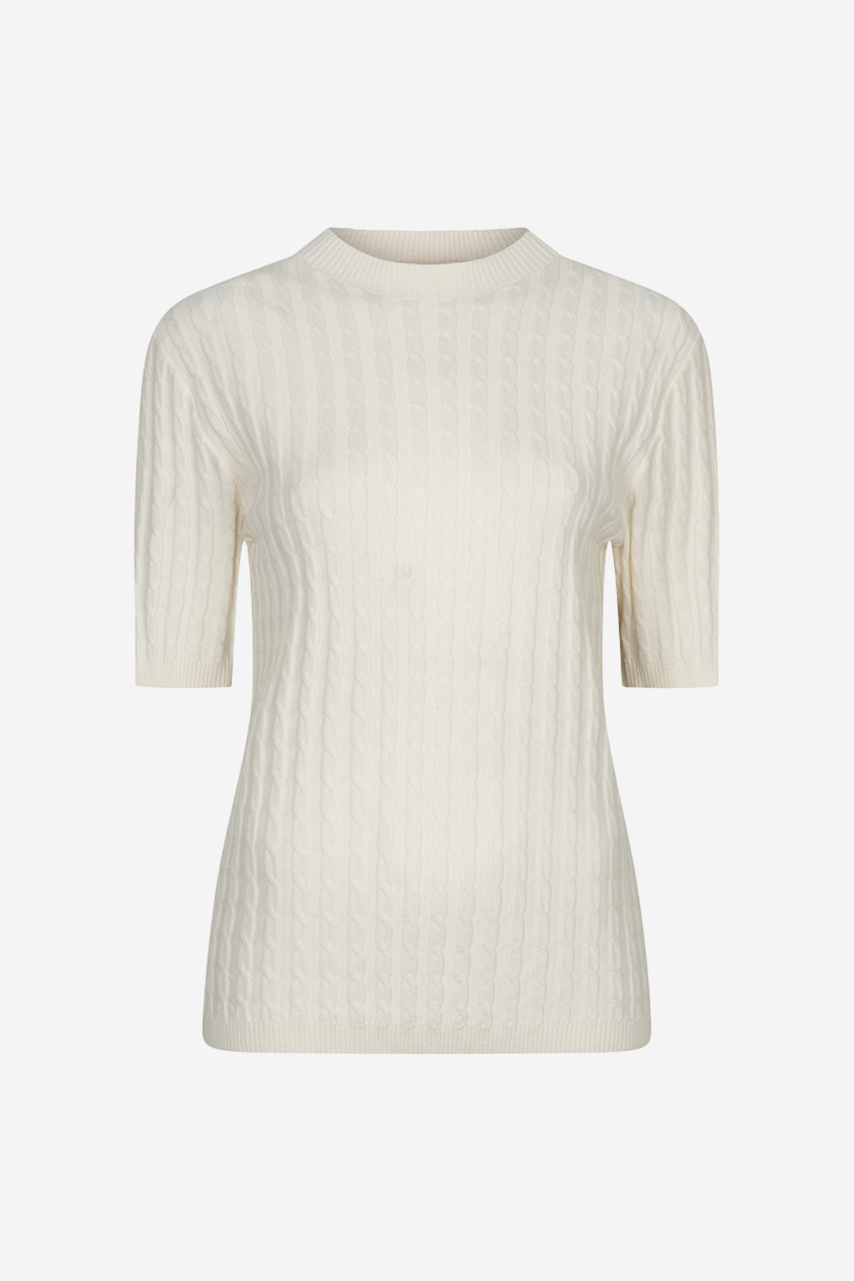 An off-white ribbed knit short-sleeve top with a crew neck, displayed on a clean white background.