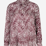 A long-sleeve button-up shirt with a zebra print pattern in burgundy and white, shown against a plain light gray background.