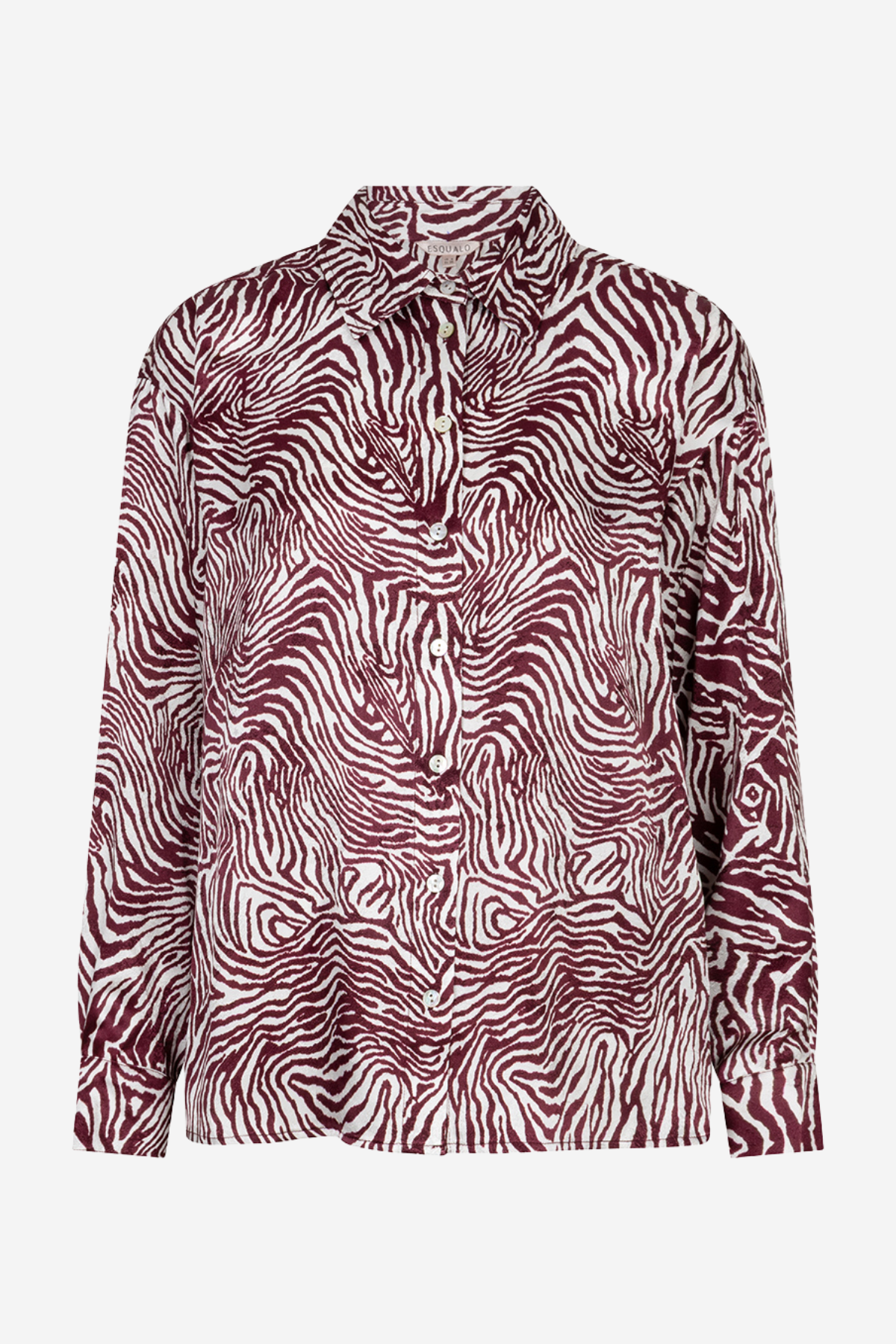 A long-sleeve button-up shirt with a zebra print pattern in burgundy and white, shown against a plain light gray background.