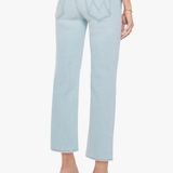 Light blue jeans worn by a person on a white background