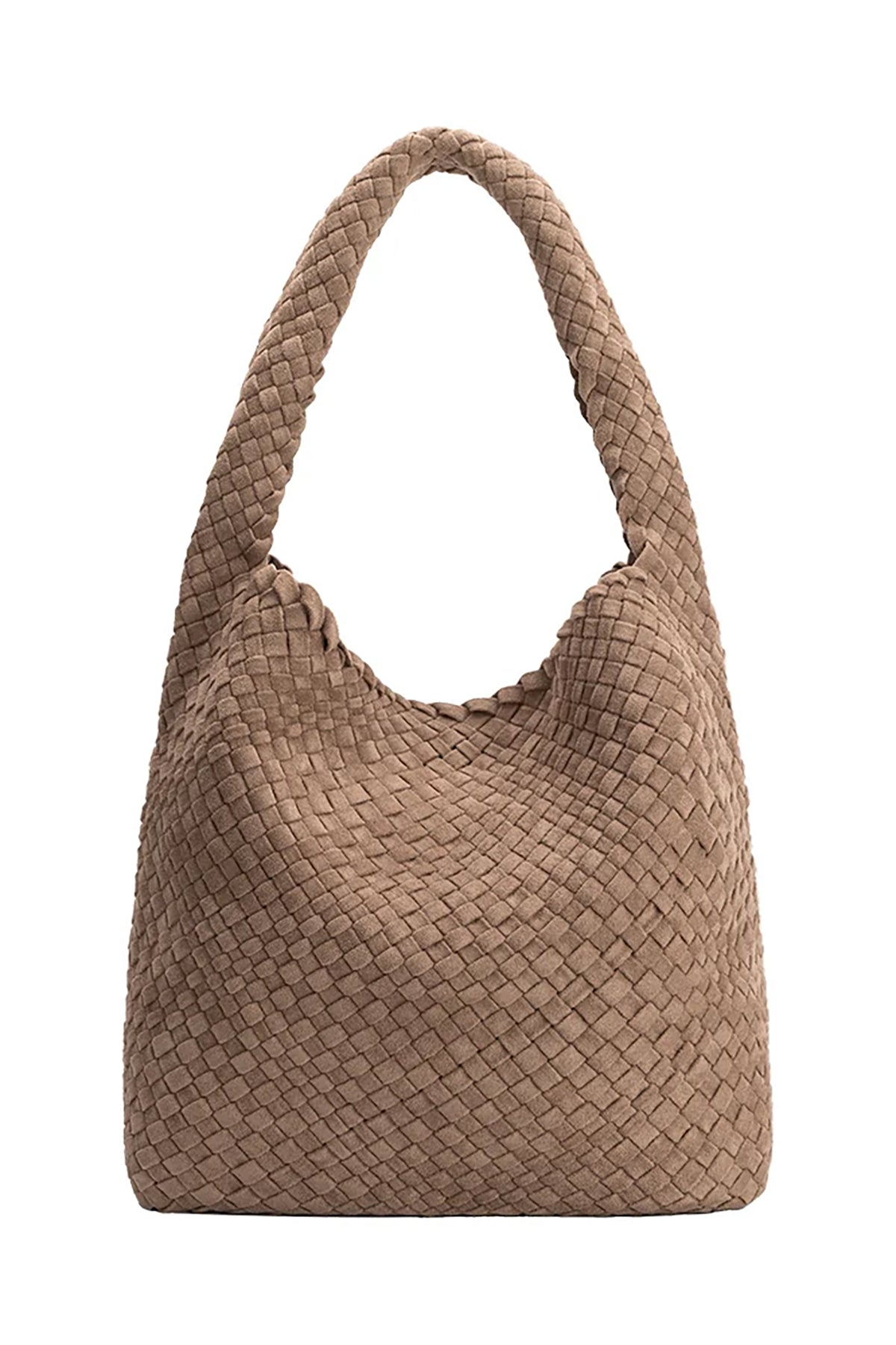 Brown woven handbag on a white background