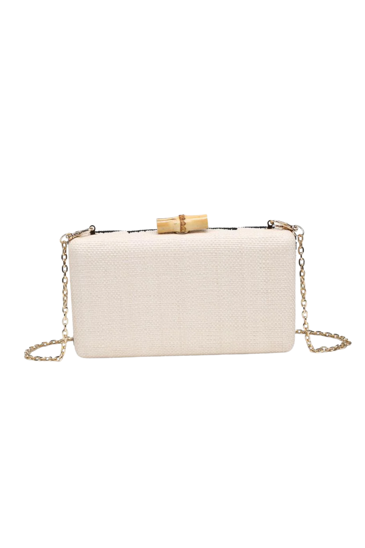 White clutch bag with gold chain and bamboo handle on a white background