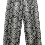 Wide-leg cropped pants featuring a gray and black snakeskin pattern, displayed against a solid white background.