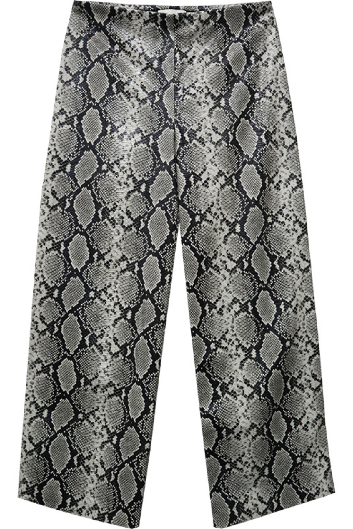 Wide-leg cropped pants featuring a gray and black snakeskin pattern, displayed against a solid white background.