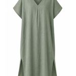 Green dress with a V-neck and short sleeves on a white background