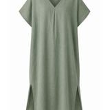 Green dress with a V-neck and short sleeves on a white background