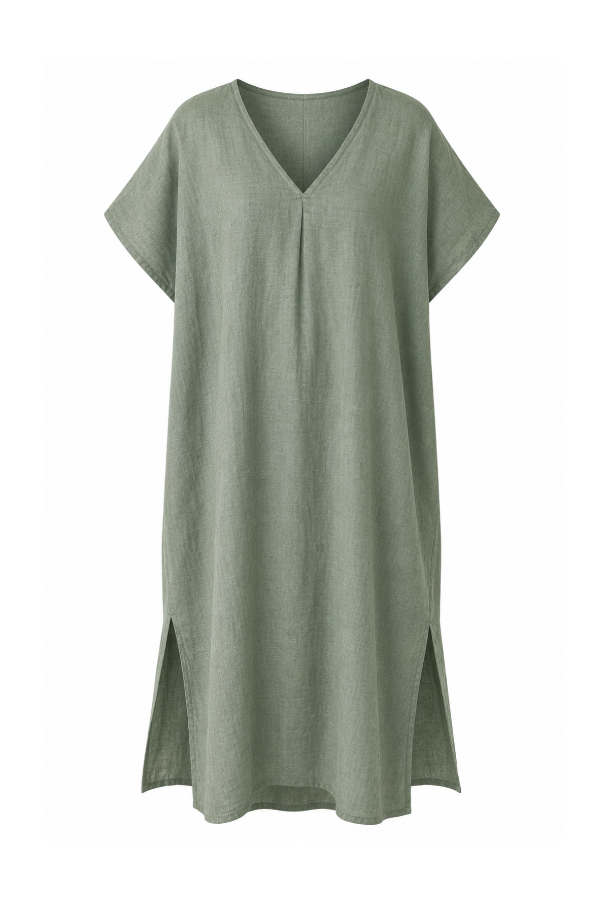 Green dress with a V-neck and short sleeves on a white background