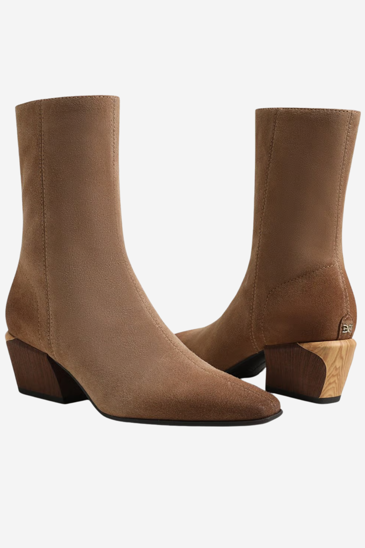 A pair of women's ankle boots in a warm taupe-brown suede-like material, featuring a low block heel and a light wood-textured heel accent, shown against a plain white background.