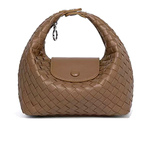 Brown woven handbag on a white background