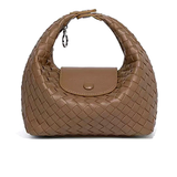 Brown woven handbag on a white background