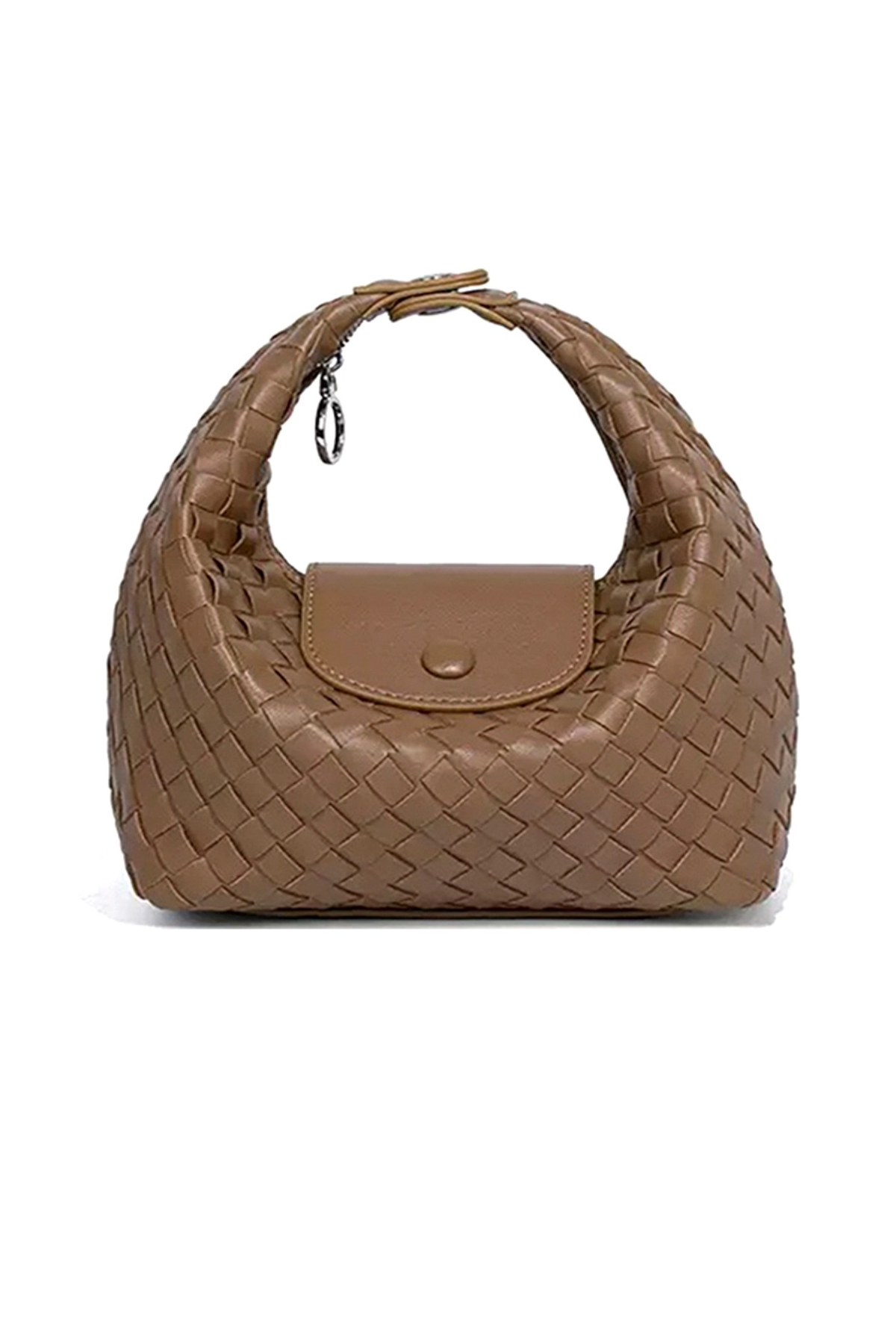 Brown woven handbag on a white background