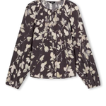A long-sleeve blouse with a dark brown base and an off-white floral print, displayed flat against a white background.