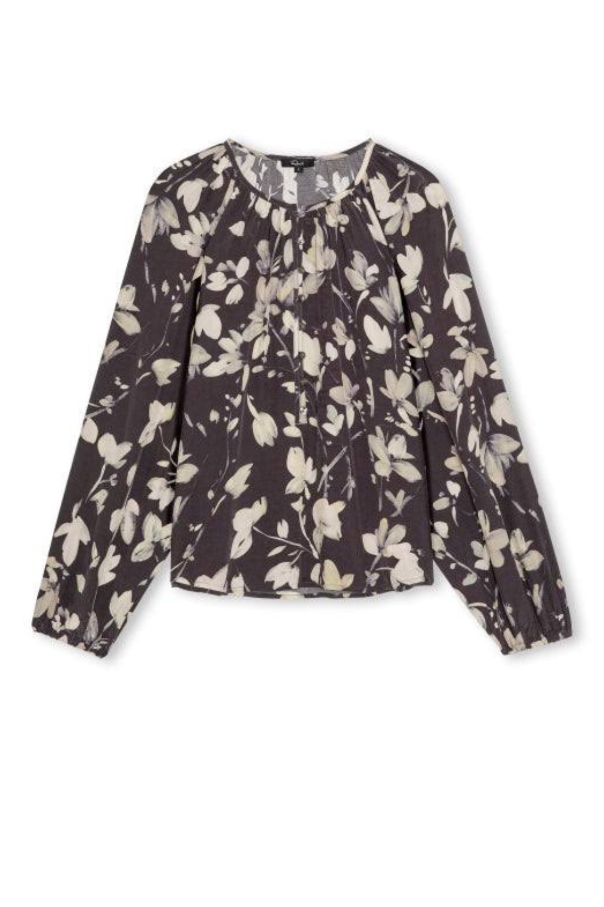 A long-sleeve blouse with a dark brown base and an off-white floral print, displayed flat against a white background.