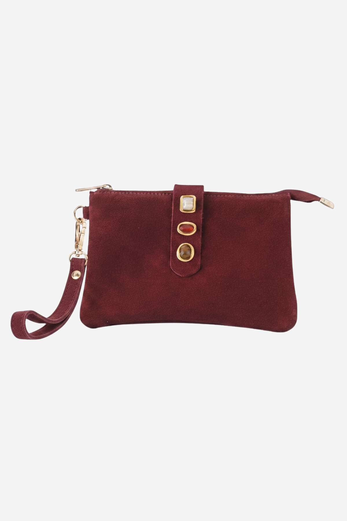 A burgundy suede wristlet clutch with gold-tone hardware, featuring a front strap closure with three decorative gold-tone buttons and a matching wristlet strap, shown against a plain light gray background.