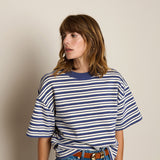 Striped long-sleeve sweatshirt styled with denim