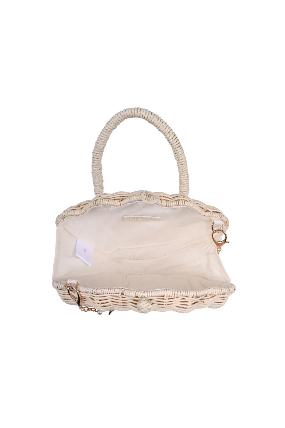 Beige handbag with decorative elements on a white background