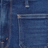 Close-up of blue denim jeans with a pocket and button detail.