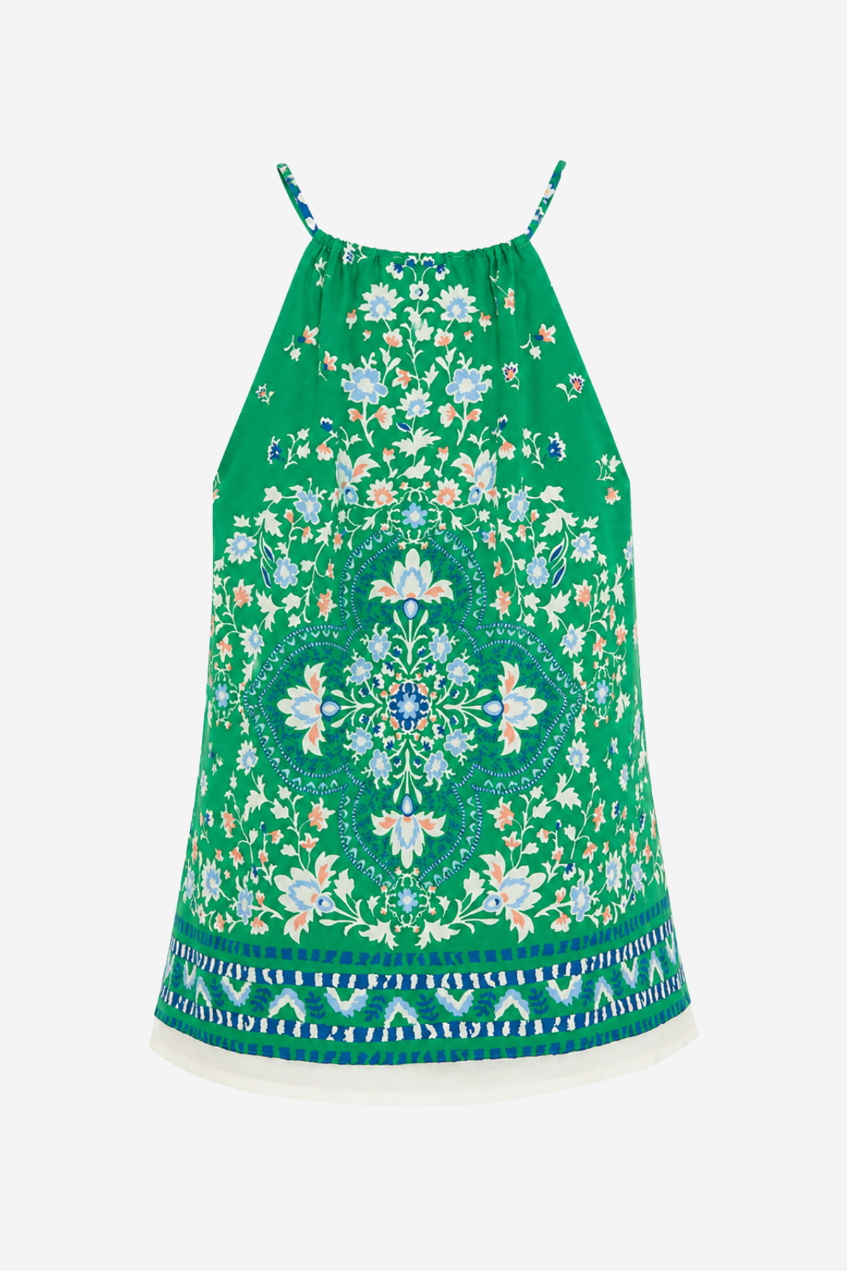 A green halter-neck dress featuring an intricate multicolor floral and mandala pattern, with thin shoulder straps and a decorative patterned hem, shown against a plain white background.