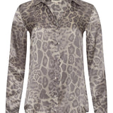 Long-sleeve blouse with a smooth, polished finish.