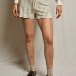 stripe drawstring shorts on tan background 