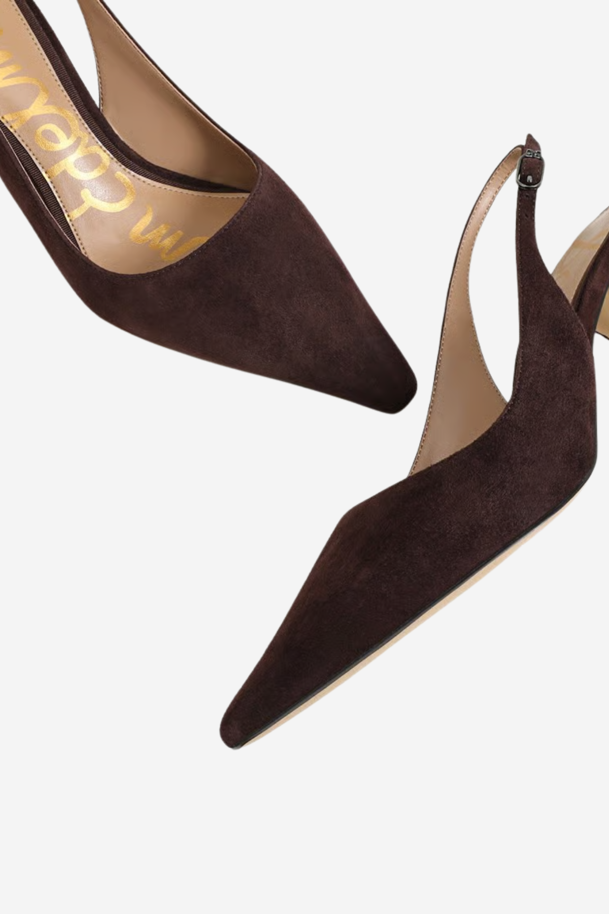 A pair of dark brown suede slingback pumps with pointed toes and low block heels, shown on a clean white background.