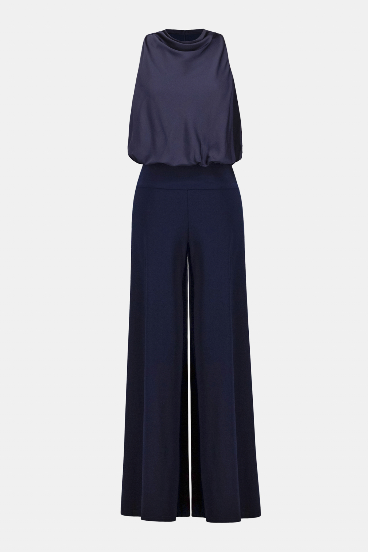 Women's black halter-neck jumpsuit featuring a sleeveless design and full-length silhouette.