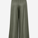 Women's olive green wide-leg palazzo pants featuring a drawstring waist, side pockets, and a relaxed silhouette.
