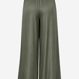 Women's olive green wide-leg palazzo pants featuring a drawstring waist, side pockets, and a relaxed silhouette.